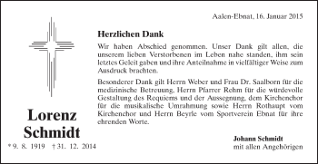 Traueranzeige von Lorenz Schmidt von Schwäbische Post