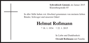 Traueranzeige von Helmut Rossmann von Gmünder Tagespost