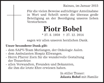 Traueranzeige von Piotr Bobel von Schwäbische Post