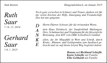 Traueranzeige von Gerhard Saur von Gmünder Tagespost