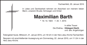 Traueranzeige von Maximilian Barth von Schwäbische Post