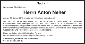 Traueranzeige von Anton Neher von Schwäbische Post