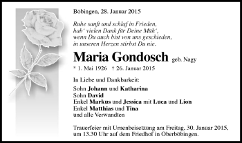 Traueranzeige von Maria Gondosch von Gmünder Tagespost