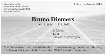 Traueranzeige von Bruno Diemers von Schwäbische Post