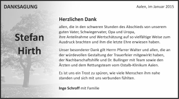 Traueranzeige von Stefan Hirth von Schwäbische Post