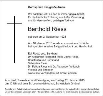 Traueranzeige von Berthold Riess von Gmünder Tagespost