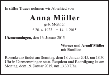 Traueranzeige von Anna Müller von Schwäbische Post