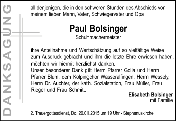 Traueranzeige von Paul Bolsinger von Schwäbische Post