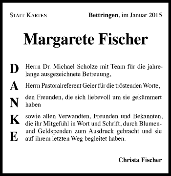 Traueranzeige von Margarete Fischer von Gmünder Tagespost