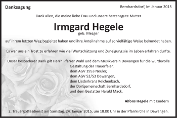 Traueranzeige von Irmgard Hegele von Schwäbische Post