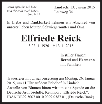 Traueranzeige von Elfriede Reick von Gmünder Tagespost