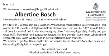 Traueranzeige von Albertine Bosch von Schwäbische Post