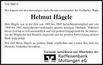 Traueranzeige von Helmut Hägele von Gmünder Tagespost