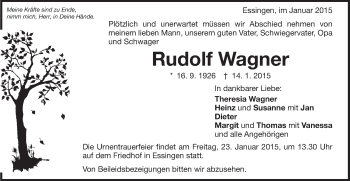 Traueranzeige von Rudolf Wagner von Schwäbische Post