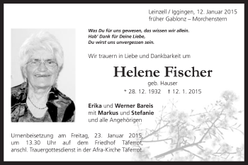 Traueranzeige von Helene Fischer von Gmünder Tagespost