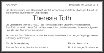Traueranzeige von Theresia Toth von Schwäbische Post