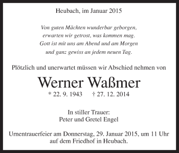 Traueranzeige von Werner Waßmer von Gmünder Tagespost