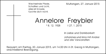Traueranzeige von Annelore Freybler von Gmünder Tagespost