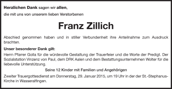 Traueranzeige von Franz Zillich von Schwäbische Post