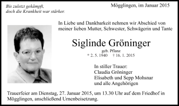 Traueranzeige von Siglinde Gröninger von Gmünder Tagespost