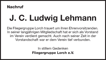 Traueranzeige von J. C. Ludwig Lehmann von Gmünder Tagespost