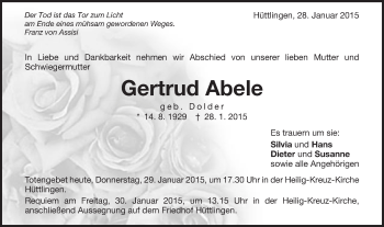 Traueranzeige von Gertrud Abele von Schwäbische Post
