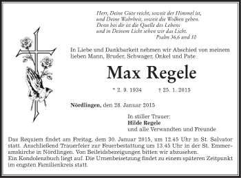 Traueranzeige von Max Regele  von Schwäbische Post