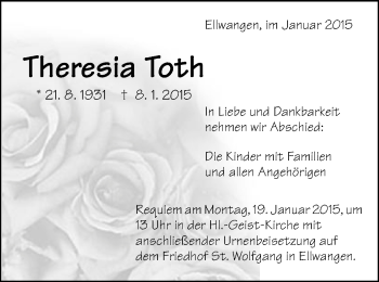 Traueranzeige von Theresia Toth von Schwäbische Post