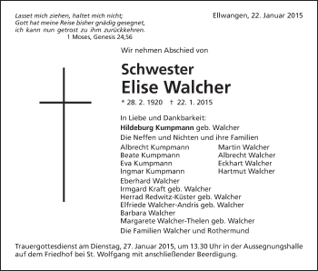 Traueranzeige von Elise Walcher von Schwäbische Post
