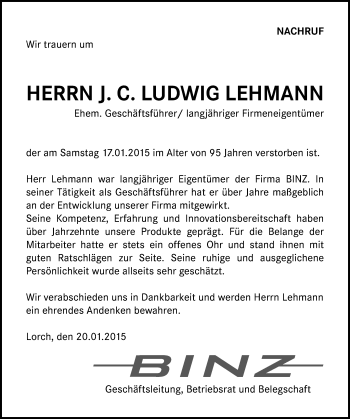 Traueranzeige von J. C. Ludwig Lehmann von Gmünder Tagespost