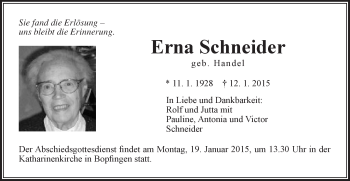 Traueranzeige von Erna Schneider von Schwäbische Post