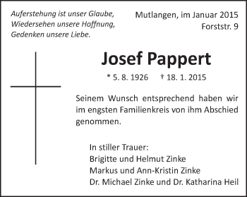 Traueranzeige von Josef Pappert von Gmünder Tagespost