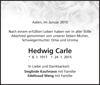 Traueranzeige von Hedwig Carle von Schwäbische Post