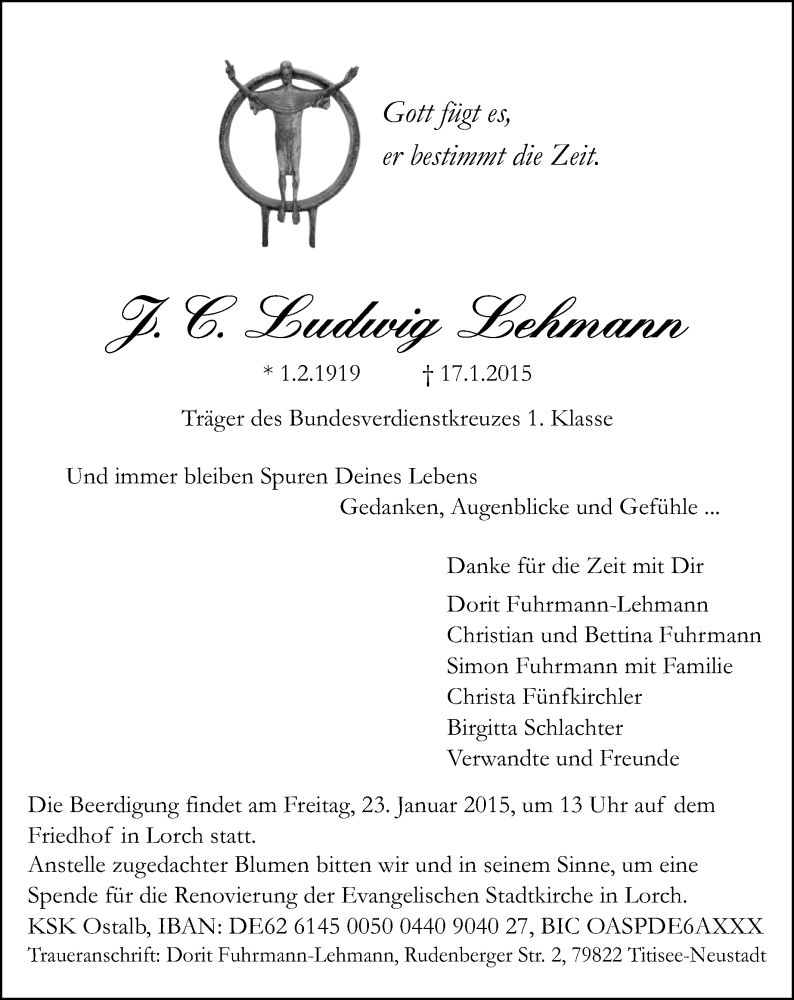  Traueranzeige für J. C. Ludwig Lehmann vom 20.01.2015 aus Gmünder Tagespost