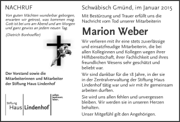 Traueranzeige von Marion Weber von Gmünder Tagespost