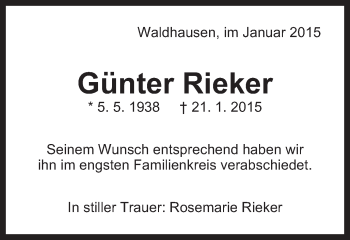 Traueranzeige von Günter Rieker von Gmünder Tagespost