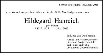 Traueranzeige von Hildegard Hanreich von Gmünder Tagespost