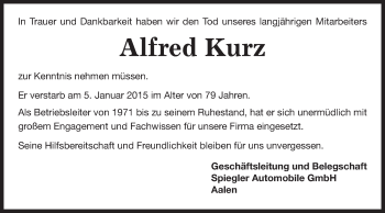Traueranzeige von Alfred Kurz von Schwäbische Post