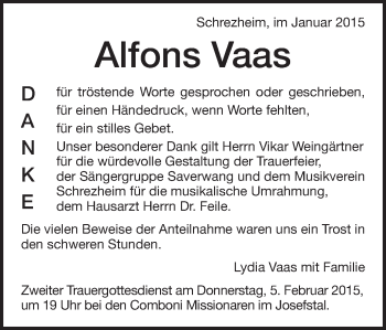 Traueranzeige von Alfons Vaas von Schwäbische Post
