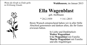 Traueranzeige von Ella Wagenblast von Gmünder Tagespost