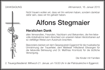 Traueranzeige von Alfons Stegmaier von Schwäbische Post