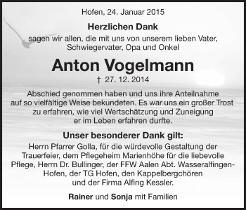 Traueranzeige von Anton Vogelmann von Schwäbische Post