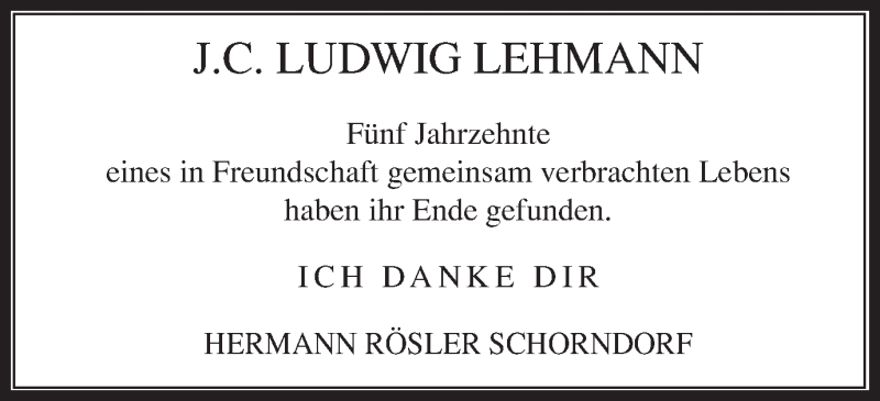  Traueranzeige für J. C. Ludwig Lehmann vom 20.01.2015 aus Gmünder Tagespost