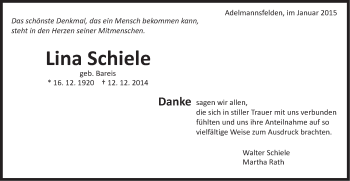 Traueranzeige von Lina Schiele von Schwäbische Post