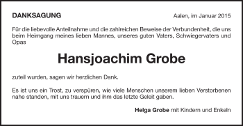 Traueranzeige von Hansjoachim Grobe von Schwäbische Post