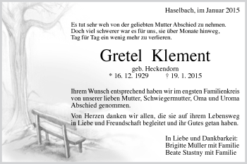 Traueranzeige von Gretel Klement von Gmünder Tagespost
