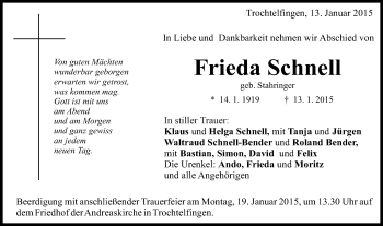 Traueranzeige von Frieda Schnell von Schwäbische Post