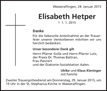 Traueranzeige von Elisabeth Hetper von Schwäbische Post