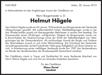 Traueranzeige von Helmut Hägele von Gmünder Tagespost