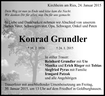 Traueranzeige von Konrad Grundler von Schwäbische Post